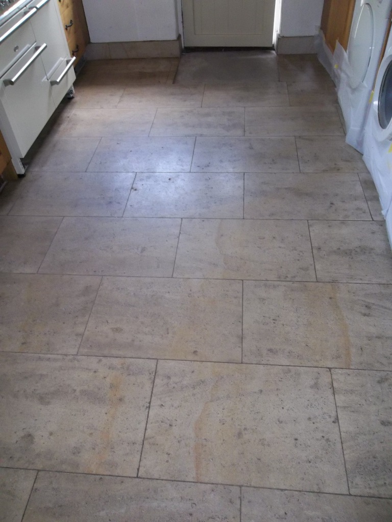 French Limestone Kitchen Floor Before Cleaning and Polishing Eldwick