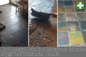 Flood Damaged Slate Tiled Floor Before and After Restoration Calderdale