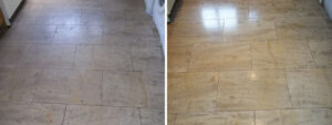 French Limestone Kitchen Floor Before and After Cleaning and Polishing Eldwick