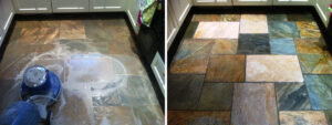 Quartzite Tiled Floor in leeds Before and After cleaning